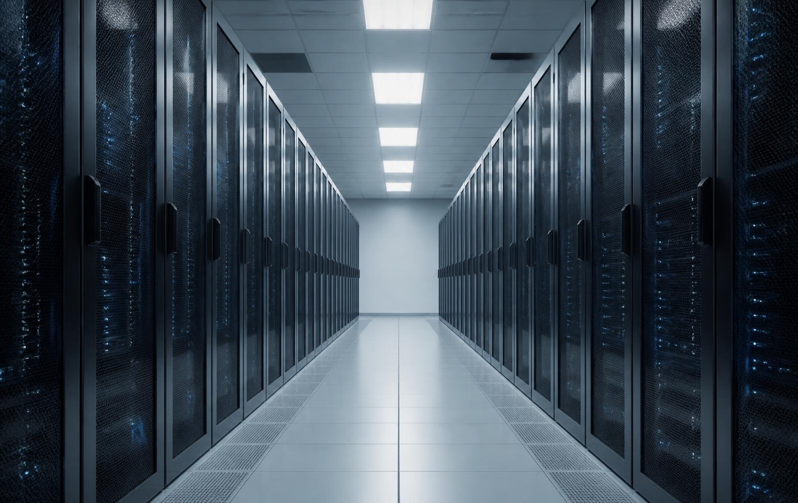 Symmetrical view down an aisle of server racks in a modern data centre