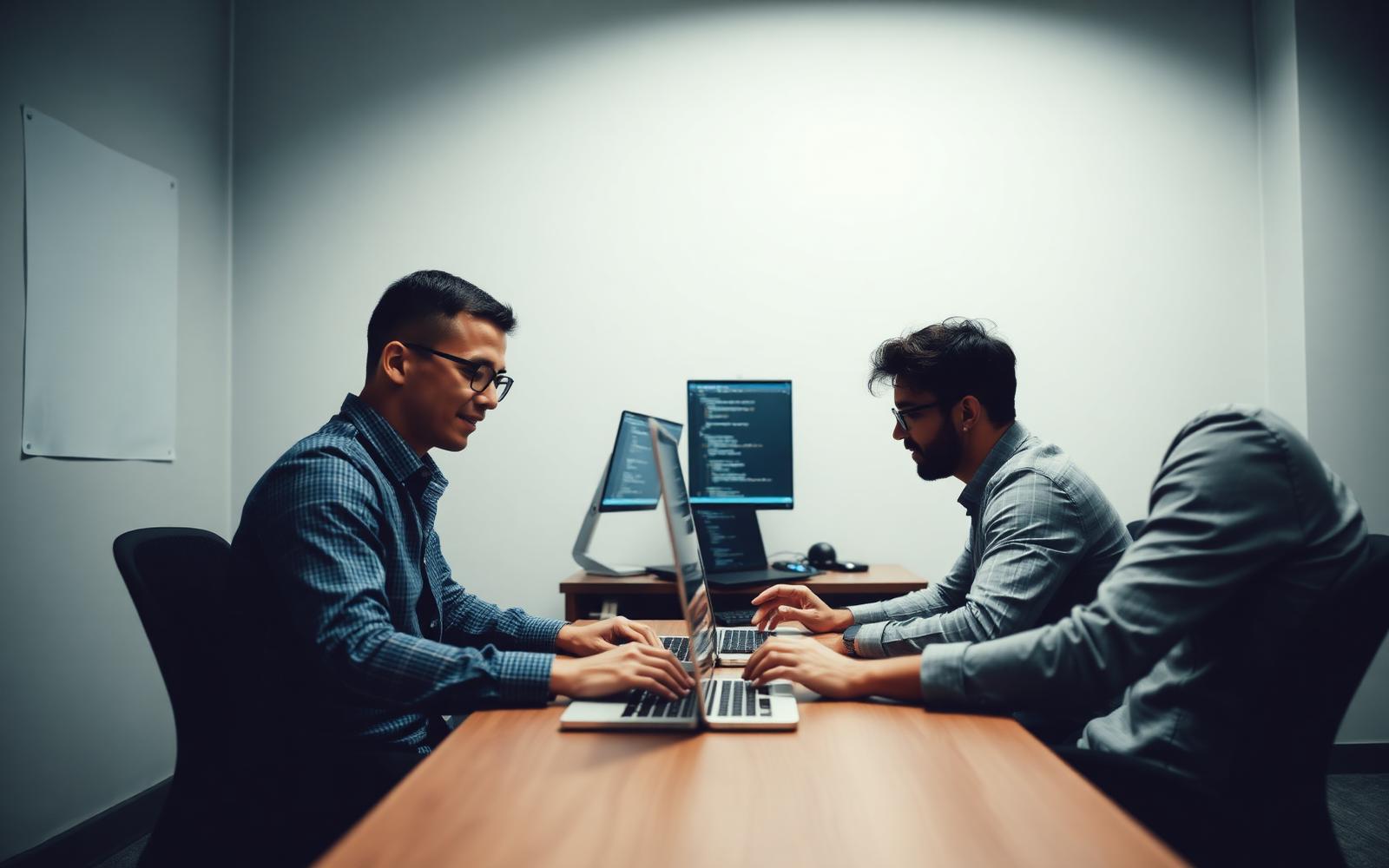 Two software developers reviewing code together on laptops in a quiet meeting room