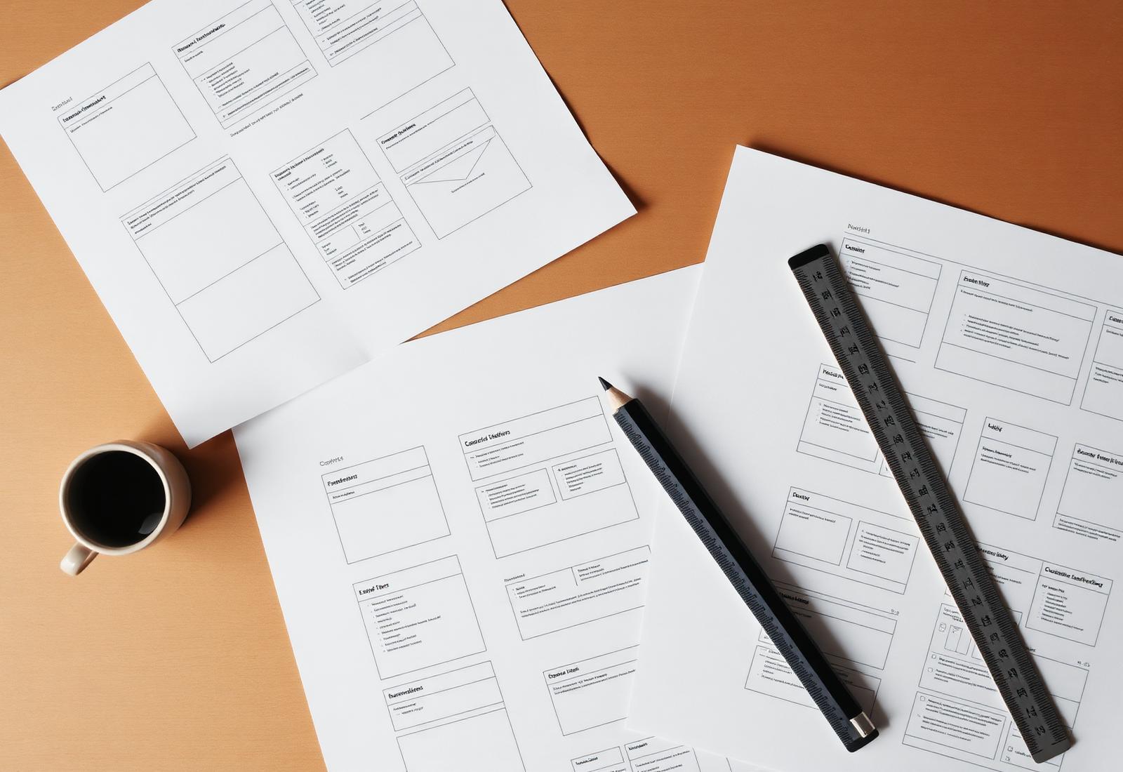 Printed wireframes and user flow diagrams laid out on a desk with a pencil and ruler