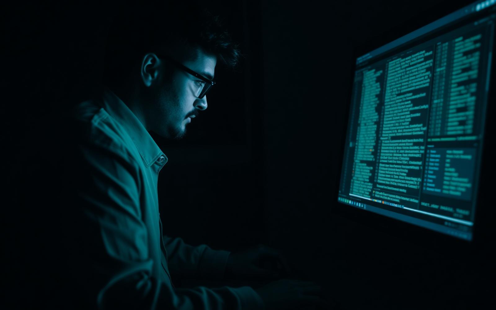 Security engineer reading system logs on a terminal screen in a dimly lit room