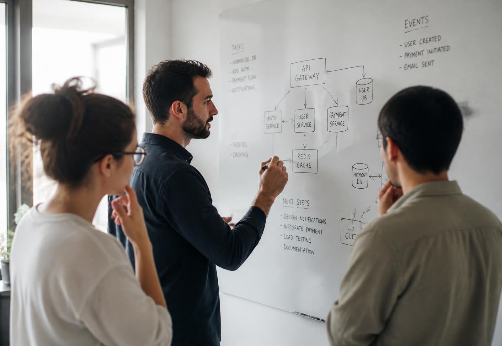 IT team discussing a service architecture diagram drawn on a whiteboard
